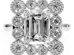 Emerald Cut Diamond Cluster Halo Ring Set in White gold with Milgrain Bezel Accents and Plain Band