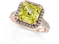Fancy Yellow Asscher Cut Diamond Halo Engagement Ring Set in Rose gold with Pavé Band and Prong-Set Center