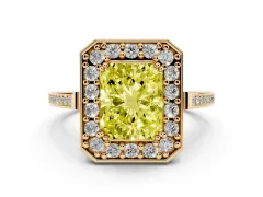 Fancy Yellow Radiant Cut Diamond Halo Ring Set in Yellow gold with Accent-Lined Split Shank and Prong Setting