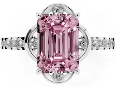 Fancy Pink Emerald Cut Diamond Solitaire Ring Set in White gold with Pavé Band and Floral Prong Setting