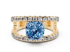 Fancy Blue Cushion Cut Diamond Split Shank Pavé Solitaire Ring Set in Yellow gold with Open Shank Design