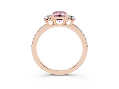 Fancy Pink Emerald Cut Diamond Three-Stone Ring Set in Rose gold with Pavé Band and Graduated Sides
