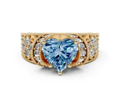 Fancy Blue Heart Cut Diamond Milgrain Halo Pavé Engagement Ring Set in Yellow gold with Prong Setting