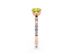 Fancy Yellow Cushion Cut Diamond Solitaire Engagement Ring Set in Rose gold with Round Pavé Band and Prong Setting