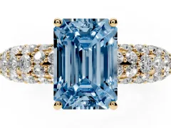 Fancy Blue Emerald Cut Diamond Pavé Band Solitaire Ring Set in Yellow gold with Close-Set Accent Stones and Prong Setting