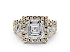 Asscher Cut Diamond Halo Split Shank Ring Set in Yellow gold with Round Accent Stones and Prong Setting