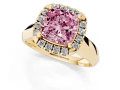 Fancy Pink Cushion Cut Diamond Halo Solitaire Engagement Ring Set in Yellow gold with Square Band and Prong Setting