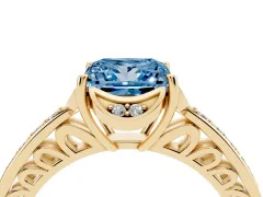 Fancy Blue Princess Cut Diamond Halo Ring Set in Yellow gold with Channel Set Band and Prong Setting