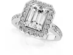 Emerald Cut Diamond Halo Ring Set in Platinum with Pavé Shank and Prong Setting