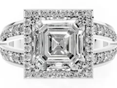 Asscher Cut Diamond Halo Ring Set in White gold with Double Pavé Split Shank