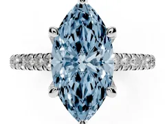 Fancy Blue Marquise Cut Diamond Solitaire Ring Set in Silver with Brilliant Pavé Band and Prong Setting