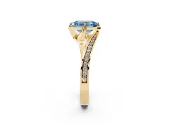 Fancy Blue Emerald Cut Diamond Solitaire Ring Set in Yellow gold with Intertwined Pavé Twist Band
