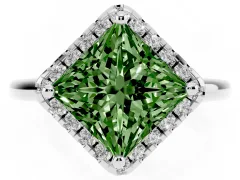 Fancy Green Princess Cut Diamond Halo Engagement Ring Set in White gold with Pavé Band and Rising Shoulders