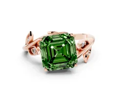 Fancy Green Asscher Cut Diamond Solitaire Twist Engagement Ring Set in Rose gold with Pavé Leaf Accents