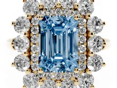 Fancy Blue Emerald Cut Diamond Floral Double Halo Ring Set in Yellow gold with Round Petals