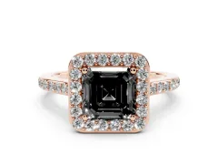Fancy Black Asscher Cut Diamond Halo Engagement Ring Set in Rose gold with Round Pavé Shoulders and Heart Gallery