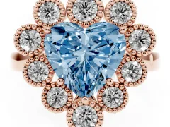 Fancy Blue Heart Cut Diamond Cluster Halo Ring Set in Rose gold with Milgrain Bezel Accents and Plain Band