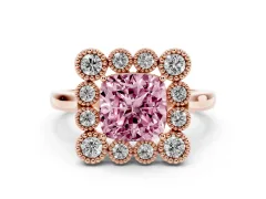 Fancy Pink Cushion Cut Diamond Cluster Halo Ring Set in Rose gold with Milgrain Bezel Accents and Plain Band
