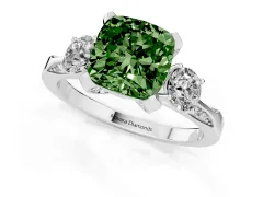 Fancy Green Cushion Cut Diamond Three-Stone Ring Set in Silver with Pavé Band and Smaller Side Stones
