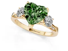 Fancy Green Heart Cut Diamond Three-Stone Ring Set in Yellow gold with Pavé Band and Smaller Side Stones