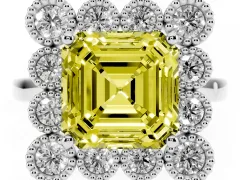 Fancy Yellow Asscher Cut Diamond Cluster Halo Ring Set in White gold with Milgrain Bezel Accents and Plain Band