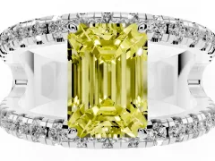 Fancy Yellow Emerald Cut Diamond Split Shank Pavé Solitaire Ring Set in White gold with Open Shank Design