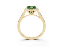Fancy Green Princess Cut Diamond Pavé Halo Engagement Ring Set in Yellow gold with Pavé Band and Prong Setting