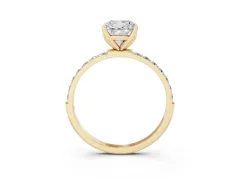 Cushion Cut Diamond Solitaire Engagement Ring Set in Yellow gold with Round Pavé Band and Prong Setting