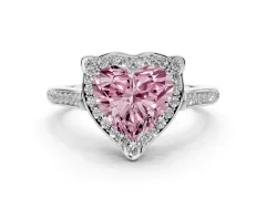 Fancy Pink Heart Cut Diamond Halo Ring Set in Platinum with Pavé-Lined Shoulders and Prong Setting
