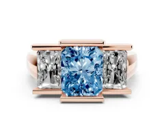 Fancy Blue Radiant Cut Diamond Three-Stone Channel Set Ring Set in Rose gold with Smooth Polished Band