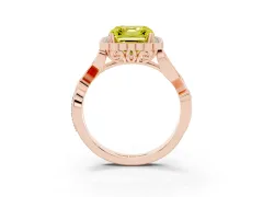 Fancy Yellow Asscher Cut Diamond Halo Ring Set in Rose gold with Leaf Motif Split Shank and Prong Setting