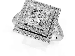 Princess Cut Diamond Double Halo Ring Set in White gold with Pavé Band