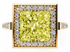 Fancy Yellow Princess Cut Diamond Halo Ring Set in Yellow gold with Accent-Lined Split Shank and Prong Setting