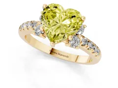Fancy Yellow Heart Cut Diamond Three-Stone Pavé Ring Set in Yellow gold with Prong Setting
