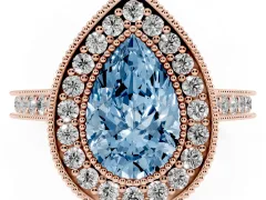 Fancy Blue Pear Cut Diamond Halo Milgrain Pavé Band Ring Set in Rose gold with Prong Setting
