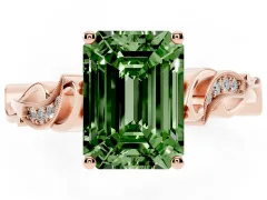 Fancy Green Emerald Cut Diamond Vine Band Solitaire Ring Set in Rose gold with Milgrain Prong Setting
