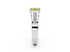 Fancy Yellow Emerald Cut Diamond Solitaire Ring Set in Silver with Channel-Set Accent Stones and Prong Setting