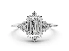 Emerald Cut Diamond Cluster Ring Set in Platinum with Beaded Band