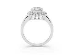 Princess Cut Diamond Milgrain Halo Solitaire Ring Set in White gold with Bezel Set Side Stones and Pavé Band
