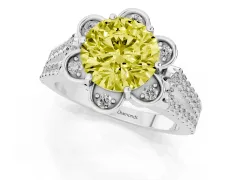 Fancy Yellow Round Cut Diamond Floral Halo Split Shank Engagement Ring Set in White gold with Pavé Shank