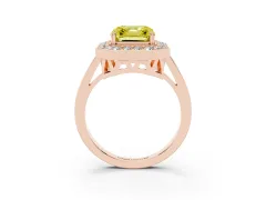 Fancy Yellow Asscher Cut Diamond Halo Ring Set in Rose gold with Accent-Lined Split Shank and Prong Setting