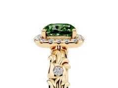 Fancy Green Cushion Cut Diamond Halo Ring Set in Yellow gold with Filigree Leaf Band and Prong Setting