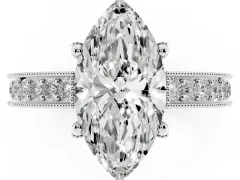 Marquise Cut Diamond Solitaire Ring Set in White gold with Milgrain-Edged Pavé Band and Prong Setting