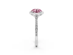Fancy Pink Round Cut Diamond Halo Engagement Ring Set in White gold with Round Pavé Shoulders and Heart Gallery