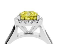 Fancy Yellow Cushion Cut Diamond Halo Solitaire Engagement Ring Set in Platinum with Square Band and Prong Setting