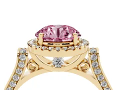 Fancy Pink Round Cut Diamond Halo Ring Set in Yellow gold with Pavé-Lined Split Shank Band