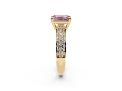 Fancy Pink Emerald Cut Diamond Solitaire Ring Set in Yellow gold with Multi-Row Round Pavé Band and Prong Setting