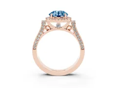 Fancy Blue Round Cut Diamond Halo Ring Set in Rose gold with Pavé-Lined Split Shank Band