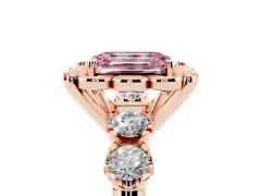 Fancy Pink Emerald Cut Diamond Floral Halo Ring Set in Rose gold with Shared Prong Band