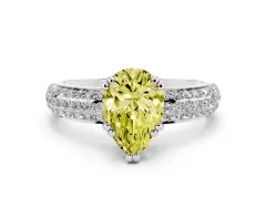 Fancy Yellow Pear Cut Diamond Solitaire Ring Set in White gold with Multi-Row Round Pavé Band and Prong Setting